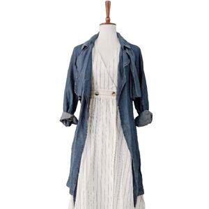 NEW ANTHROPOLOGIE Cloth & Stone Blue Denim Tencel Chambray Trench Coat Jacket S
